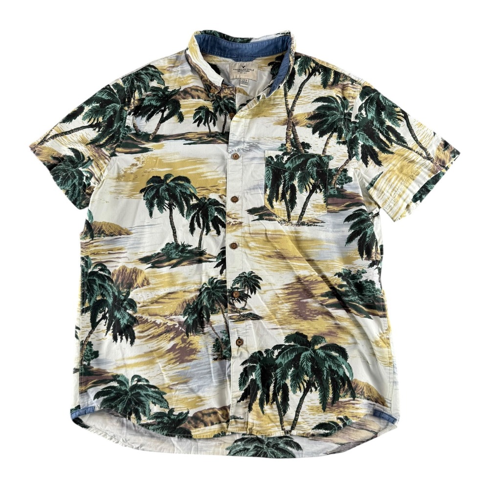 American Eagle Mens Tropical Palm Tree Print Short Sleeve Button Down Shirt‎ L